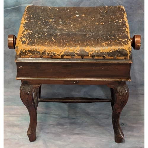 1107 - *Antique Leather Topped Adjustable Piano Stool With Carved Legs - 50 x 55 x 38cm