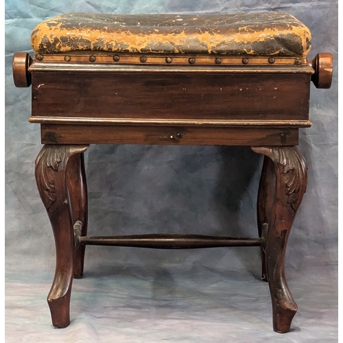 1107 - *Antique Leather Topped Adjustable Piano Stool With Carved Legs - 50 x 55 x 38cm