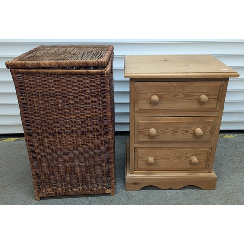 528 - Pine Bedside Table And Rattan Linen Basket