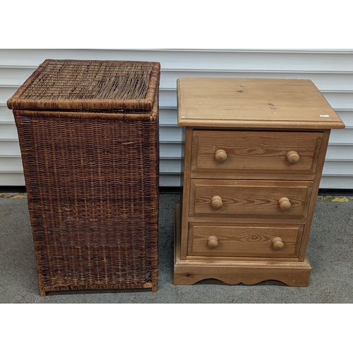 528 - Pine Bedside Table And Rattan Linen Basket