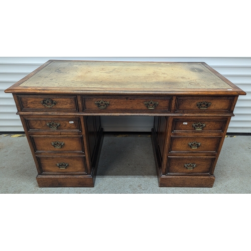 602 - Victorian Leather Topped 9 Drawer Desk With Brass Handles