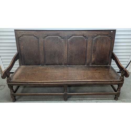 604 - George III Oak Panelled Settle With Blue Patterned Cushion - 108 x 185 x 75cm