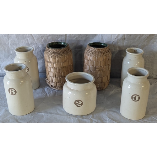 50 - 7x Large Vases Including 5 Cream Porcelain, 2 Glass And Rattan