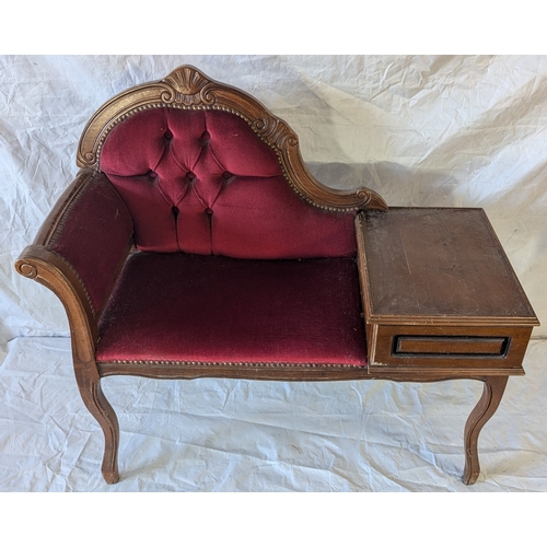 56 - Vintage Telephone Seat With Button Back Upholstery, One Drawer And Carved Detailing