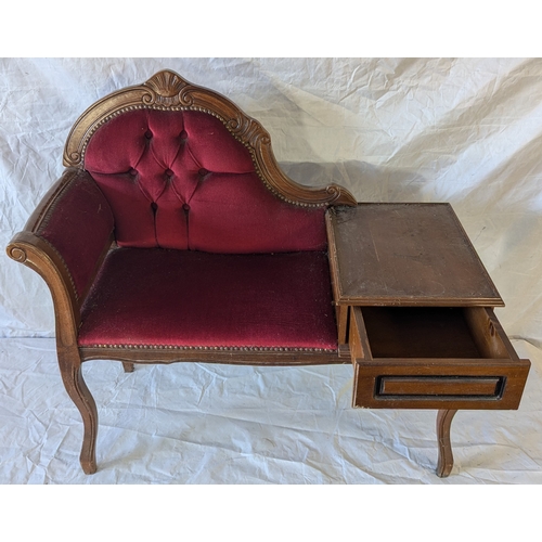 56 - Vintage Telephone Seat With Button Back Upholstery, One Drawer And Carved Detailing