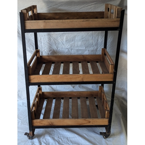 58 - Black Metal Display Trolley With 3 Crate Shelves