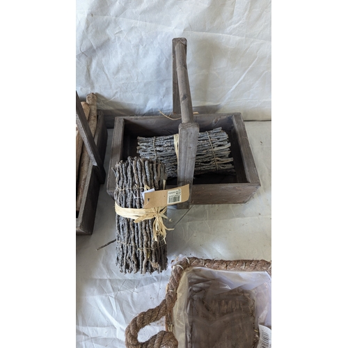 65 - A Box Of Wooden Ornaments Including Trugs And Stacking Baskets