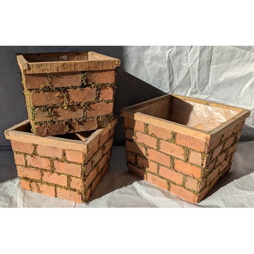 82 - 3x Wooden Mossy Brick Effect Planters