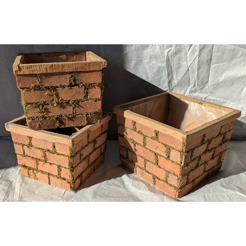 82 - 3x Wooden Mossy Brick Effect Planters