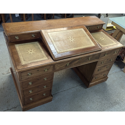 611 - A Victorian Leather Topped Mahogany Sloped Twin Pedestal Desk - 'W H Travers' Long Acre 85cm H x 138... 