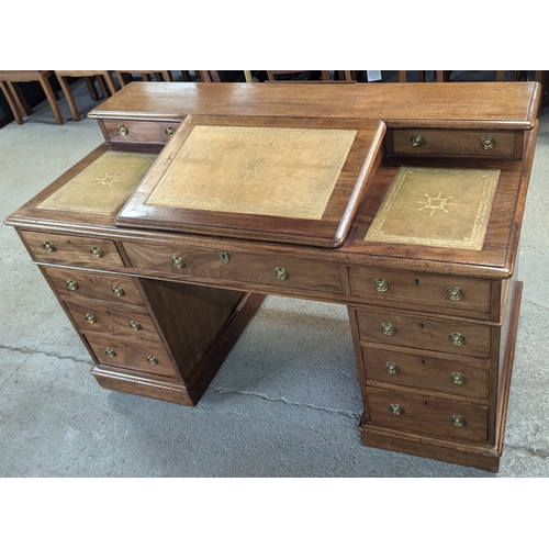 611 - A Victorian Leather Topped Mahogany Sloped Twin Pedestal Desk - 'W H Travers' Long Acre 85cm H x 138... 