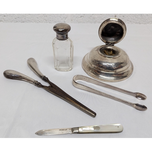 711 - A Quantity Of Hallmarked Silver Items Including Inkwell, Glove Stretchers, Pen Knife Etc.