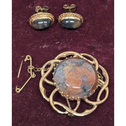 724 - A Brooch And Earrings Set - Gold Plated Hallmarked Silver With Agate Stones