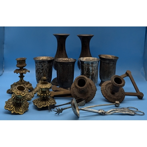 731 - An Assortment Of Metalware, Candlesticks, Goblets etc.