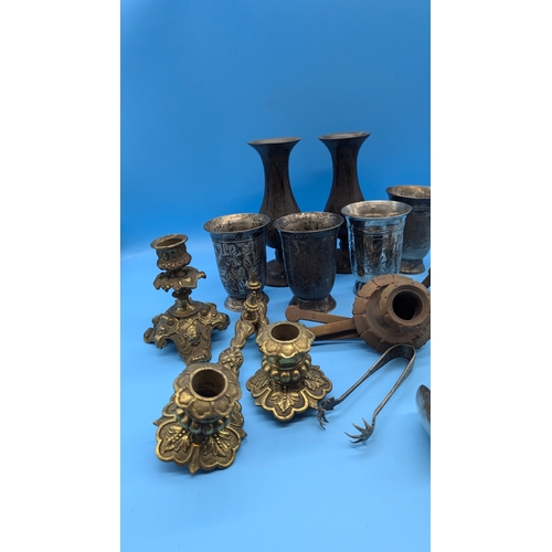 731 - An Assortment Of Metalware, Candlesticks, Goblets etc.