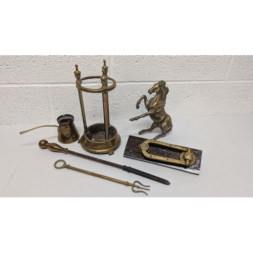 647 - An Assortment Of Brassware Including A Heavy Brass Horse, Fire Companion Set, Door Knocker Etc.