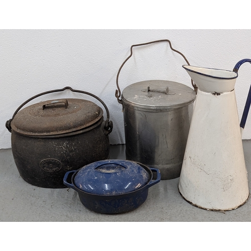 530 - A Large Cast Iron Clare & Co 3 Gallon Casserole, Enamel Pitcher etc.