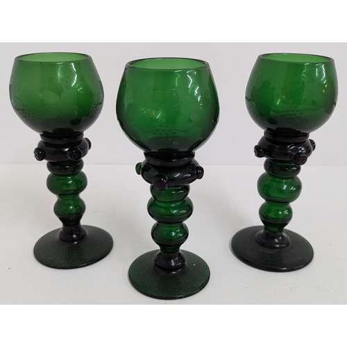 682 - 3 x German Green Bohemian Glass Roemers