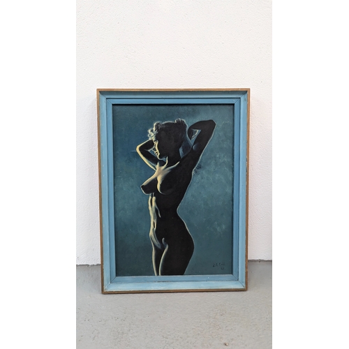 1300 - R.G. Gall 1965 - Study Of A Nude On Blue - Oil On Board - 41 x 56cm