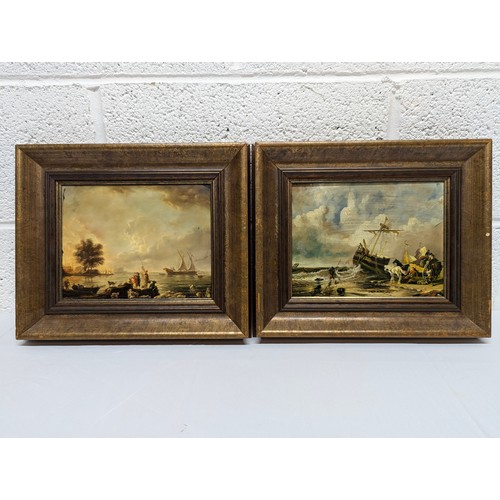 601 - A Pair Of Antique Oil On Boards Of Coastal Scenes - 35 x 29cm In Frames