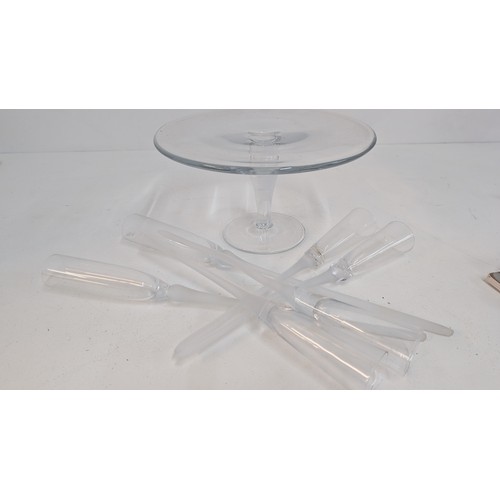 535 - Glass Cake Stand and 6 x Champagne Flutes on Stems ( you have to drink as they will not stand withou... 