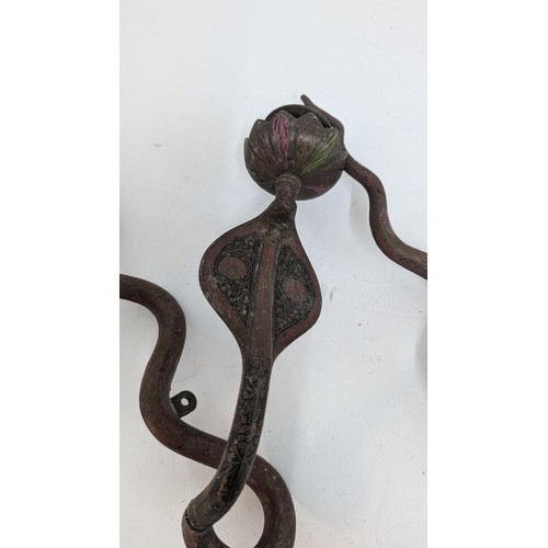 686 - Antique Long Brass Cobra Snake/Serpent Candle Sconces - Movable .  Approx 56cm Long