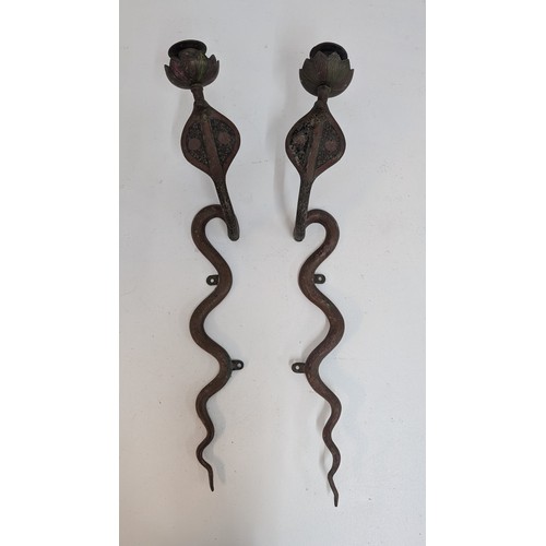 686 - Antique Long Brass Cobra Snake/Serpent Candle Sconces - Movable .  Approx 56cm Long