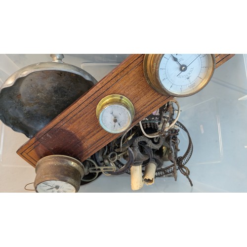 540 - A Glory Box of Metal Items including Wall Sconces, Clock Barometer etc.