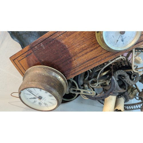 540 - A Glory Box of Metal Items including Wall Sconces, Clock Barometer etc.