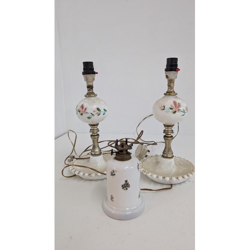 543 - .Vintage Milk Glass Retro Pair of Table Lamps with Flowers 32cm Tall plus a Ceramic Small Table Lamp