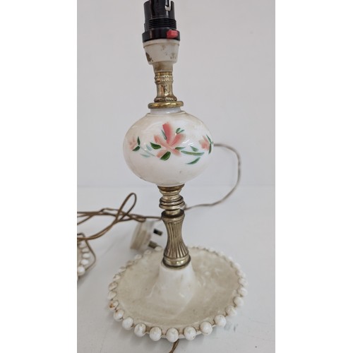 543 - .Vintage Milk Glass Retro Pair of Table Lamps with Flowers 32cm Tall plus a Ceramic Small Table Lamp