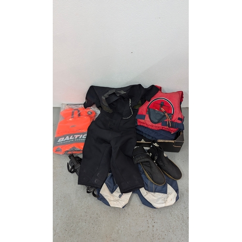 553 - Life Jackets, Wet Suit, Boots, Divers Knife etc.