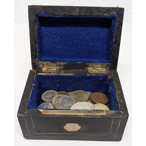 755 - An Ebonised Wooden Box with Coins