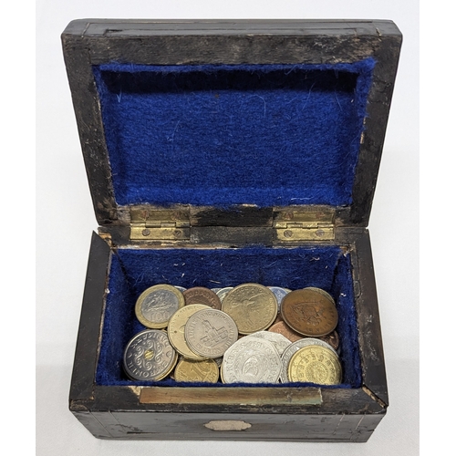 755 - An Ebonised Wooden Box with Coins