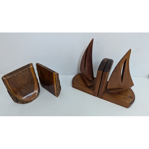 1126 - 2 x Sets of Carved Bookends: Natural Wood Sections and Sailing Boats