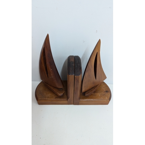 1126 - 2 x Sets of Carved Bookends: Natural Wood Sections and Sailing Boats