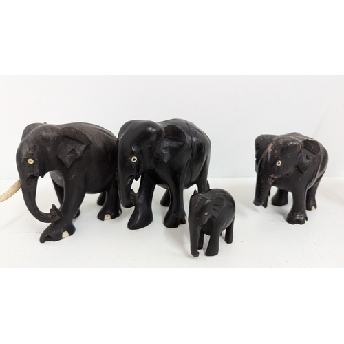 1127 - .Ebony Wooden Elephants ( one with leg missing) plus other wooden animals