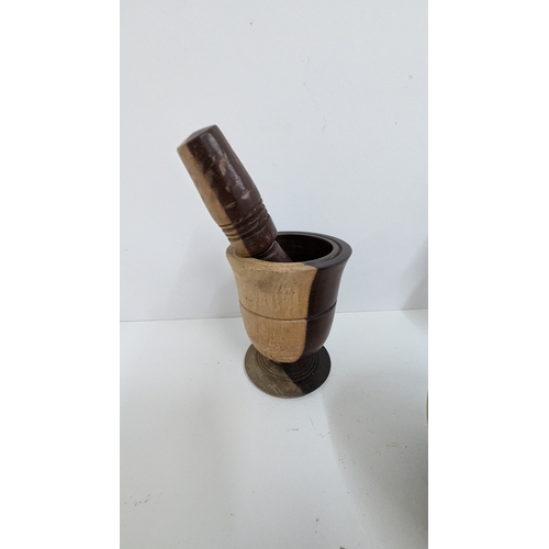 1128 - .Wooden Turned Pestles & Mortar x 2 plus a Lidded Pot