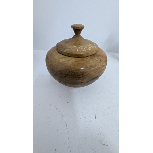 1128 - .Wooden Turned Pestles & Mortar x 2 plus a Lidded Pot