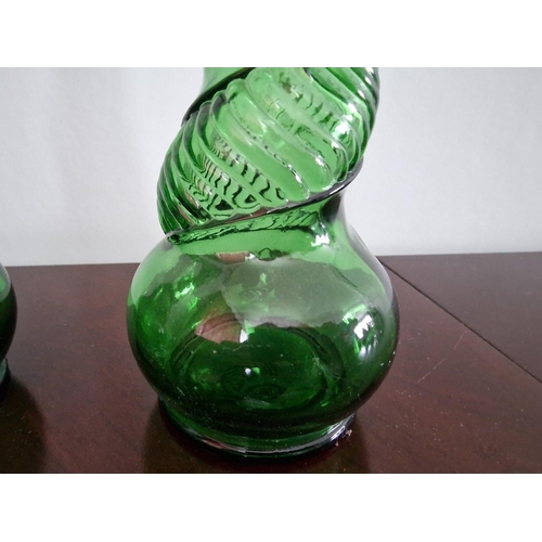 84 - Pair of Vintage Empoli Depose Italian Green Spiral Glass Genie Bottles with Stoppers, (H: 42cm), 2 p... 