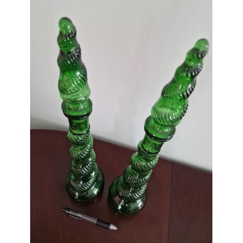 84 - Pair of Vintage Empoli Depose Italian Green Spiral Glass Genie Bottles with Stoppers, (H: 42cm), 2 p... 