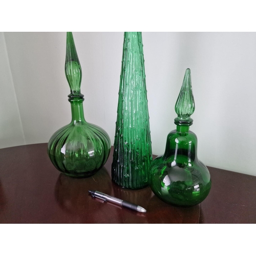 85 - 3 x Vintage Green Glass Genie Bottles with Stoppers, (Max H: 57cm), 3 pcs