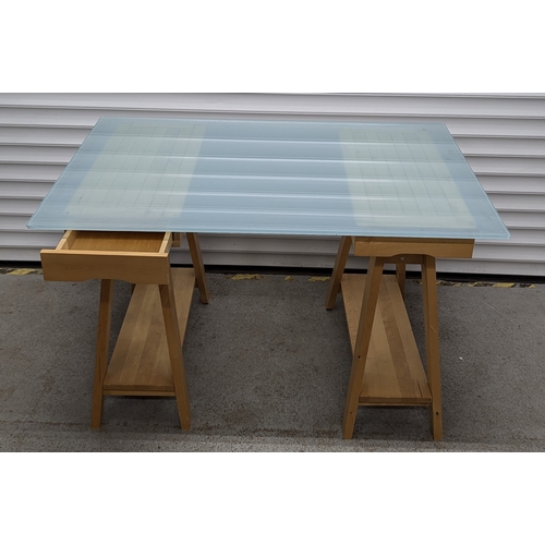 1130 - .A Glass Topped Pedestal Table With Drawers - Slight Chipping To Glass Top