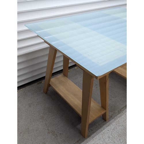 1130 - .A Glass Topped Pedestal Table With Drawers - Slight Chipping To Glass Top