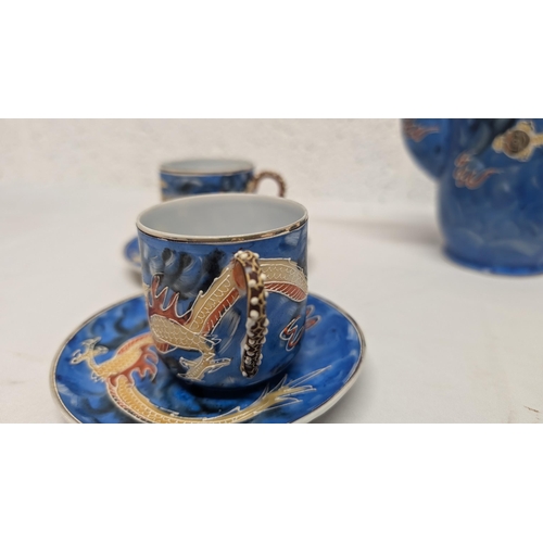 1180 - .Antique Japanese Eggshell Porcelain Tea Set With Hand Painted Dragon And Beaded Handles