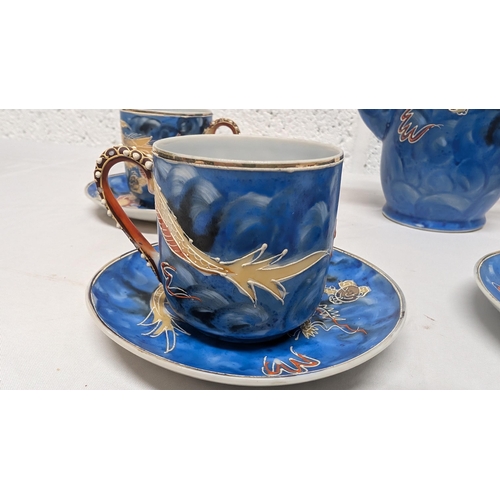 1180 - .Antique Japanese Eggshell Porcelain Tea Set With Hand Painted Dragon And Beaded Handles