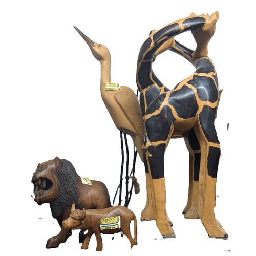 1179 - .Giraffe Carving (49cm Tall) And Other Wooden Animals, Including Stork, Lion And Buffalo