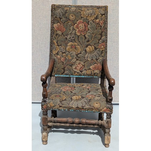 1416 - .Tapestry Arm Chair With Turned Stretchers