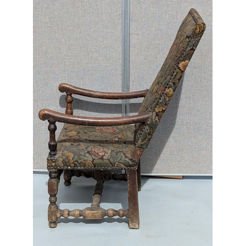 1416 - .Tapestry Arm Chair With Turned Stretchers