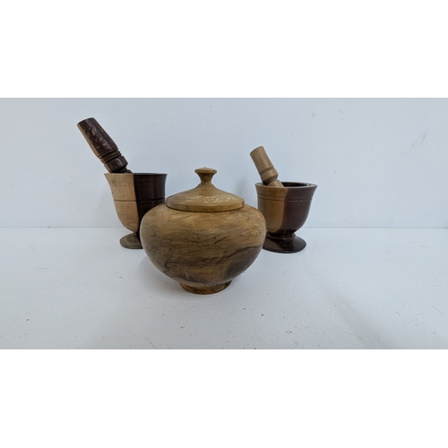 1161 - .Wooden Turned Pestles & Mortar x 2 plus a Lidded Pot